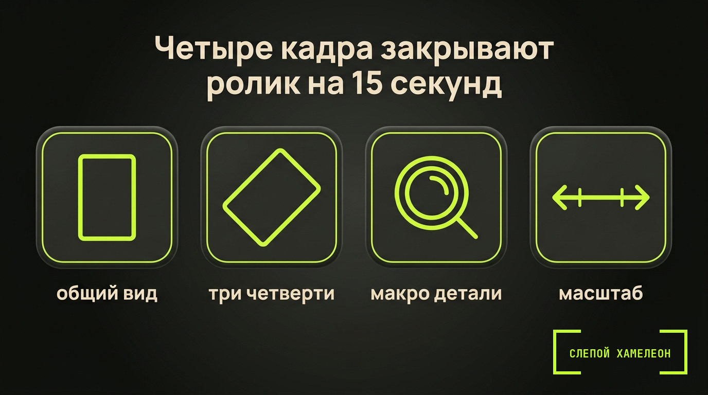 Минимальный набор кадров Четыре кадра на телефон: общий вид, три четверти, макро и масштаб