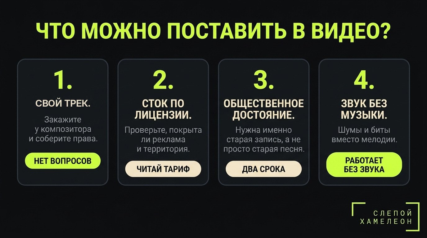 Четыре рабочих варианта и оговорка к каждому Четыре варианта: свой трек, сток по лицензии, общественное достояние, звук без музыки