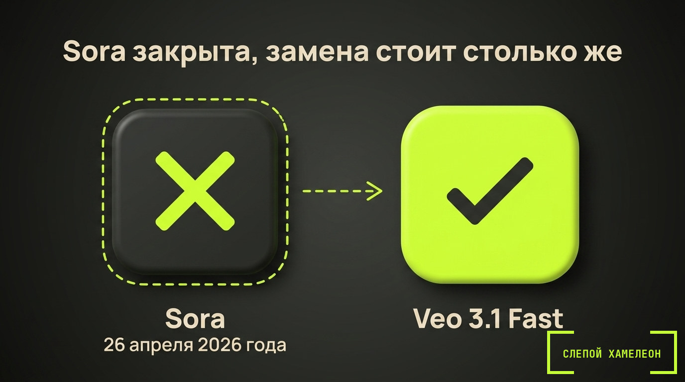 Что случилось с Sora Sora закрыта 26 апреля 2026 года, замена — Veo 3.1 Fast по той же цене