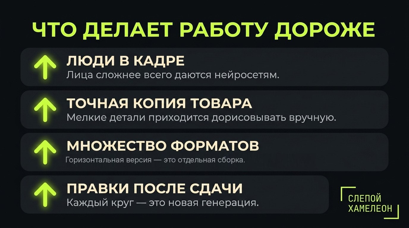 Четыре фактора удорожания Что удорожает работу: люди в кадре, точная копия товара, много форматов, правки
