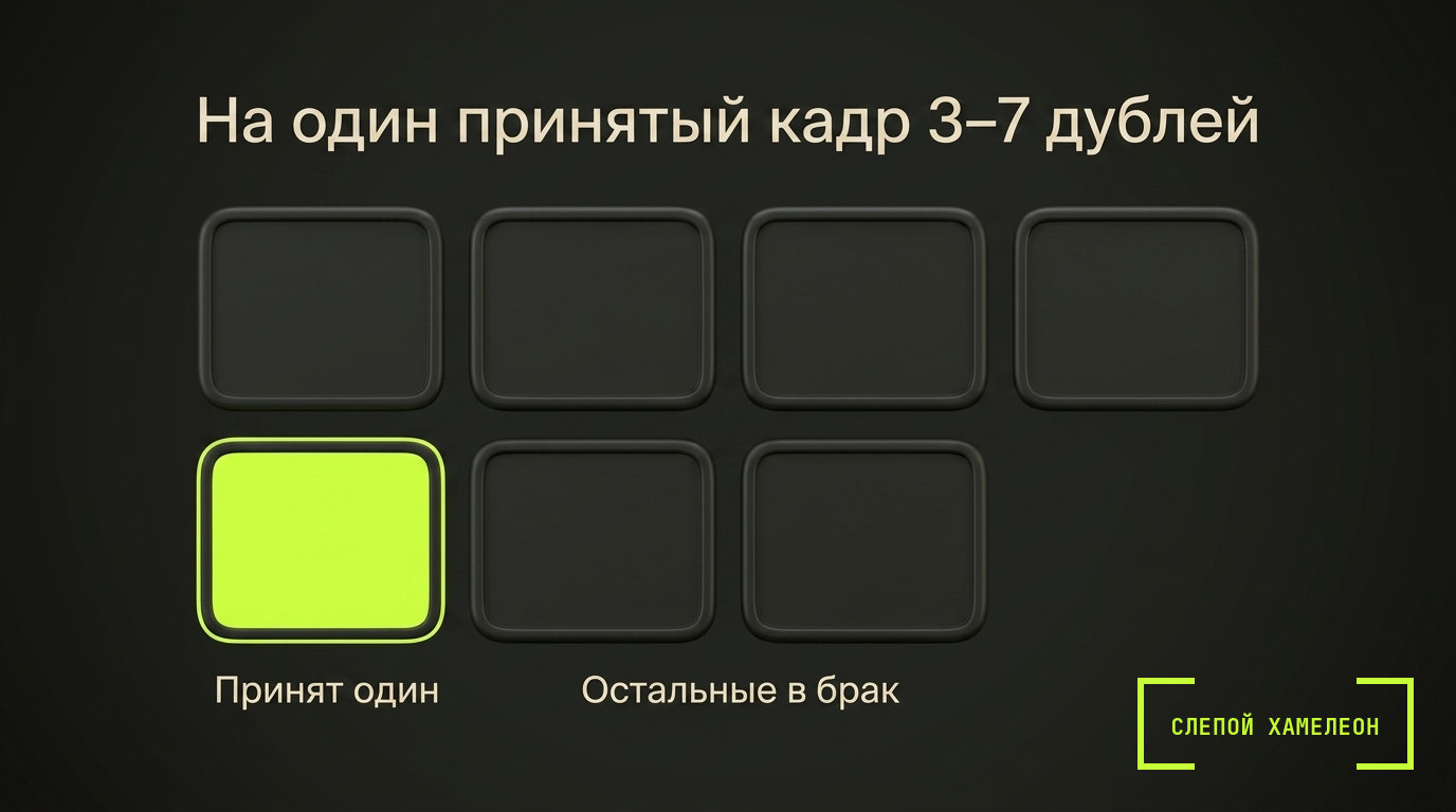 Сколько дублей уходит на один готовый кадр Сетка из семи дублей одного кадра, принят один