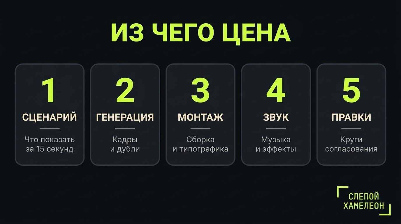 Пять составляющих работы Из чего складывается цена ролика: сценарий, генерация, монтаж, звук, правки