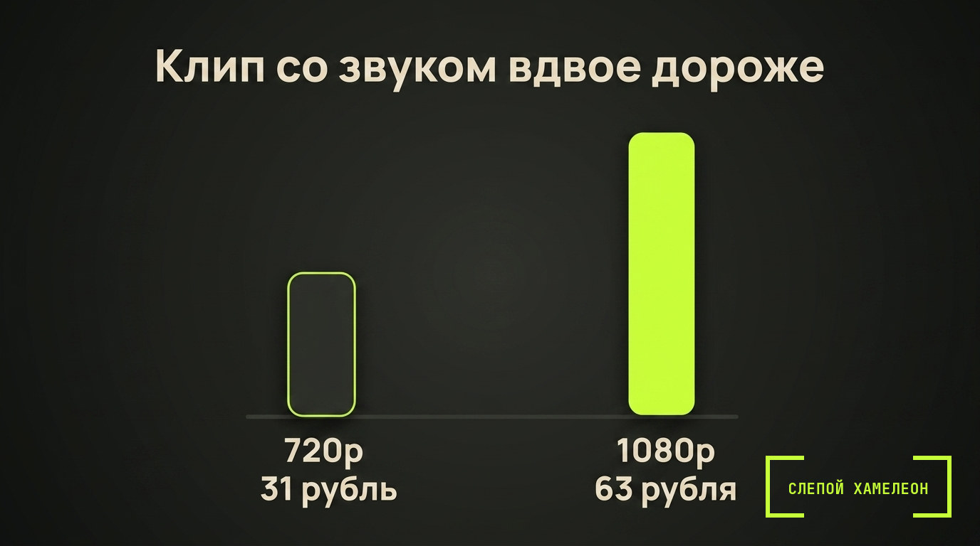 Сколько стоит генерация в Kling 3.0 Клип Kling в 1080p со звуком стоит 63 рубля против 31 рубля за 720p