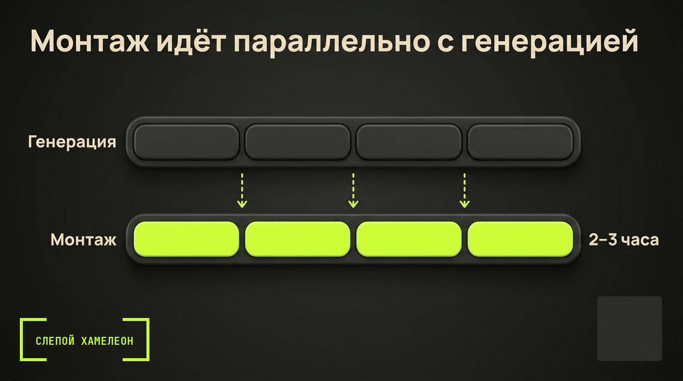 Сколько часов занимают монтаж, надписи и сверка Две параллельные дорожки: монтаж идёт одновременно с генерацией