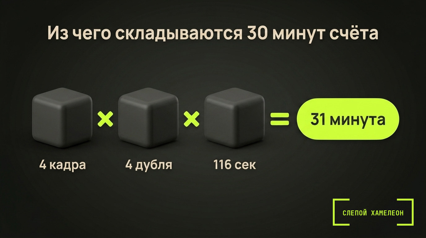 Сколько времени нейросеть генерирует ролик на 15 и 30 секунд Схема расчёта: кадры умножить на дубли умножить на время генерации