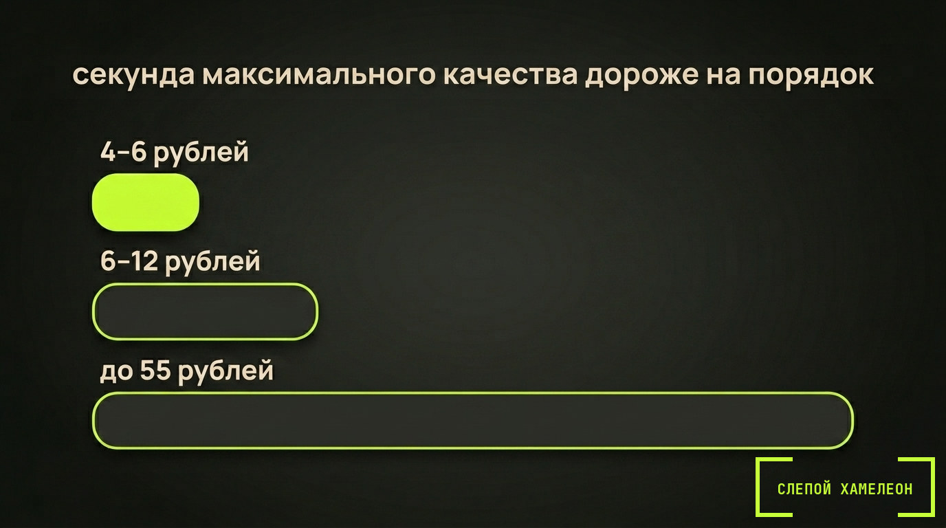 Таблица цен популярных ИИ-видеогенераторов Цена секунды видео: 4–6 рублей в дешёвом сегменте, 6–12 в среднем, до 55 у максимального качества