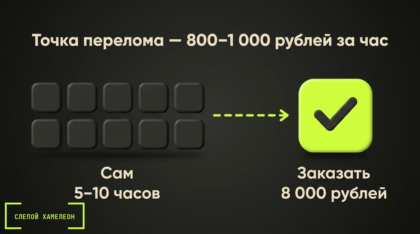 Что выгоднее: сделать самому или заказать Точка перелома: 5–10 часов своей работы против готового ролика за 8 000 рублей