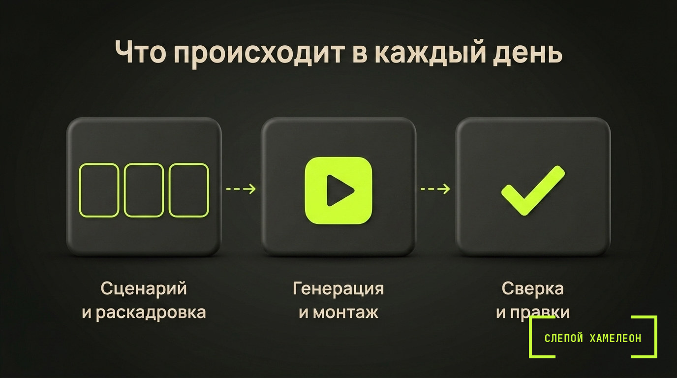Сколько дней делают ролик нейросетью Что происходит в каждый из трёх рабочих дней: сценарий и раскадровка, генерация и монтаж, сверка и правки